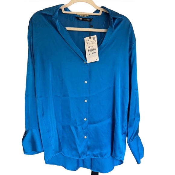 Zara Women's Blue Satin Button-Up Top - Picture 1 of 5